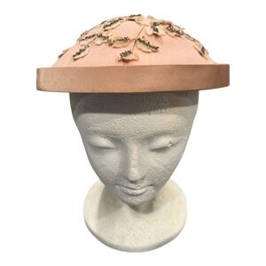 Vintage Marche Exclusive Pink Pillbox Hat Beaded Floral Accents Special Occasion